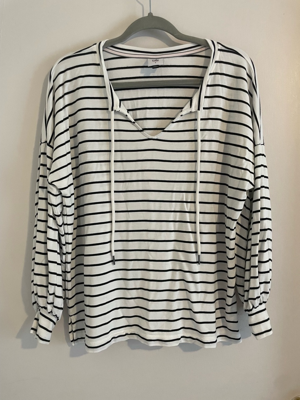 CAbi Striped Hooded Top Balloon Sleeve V-Neck Small (390)